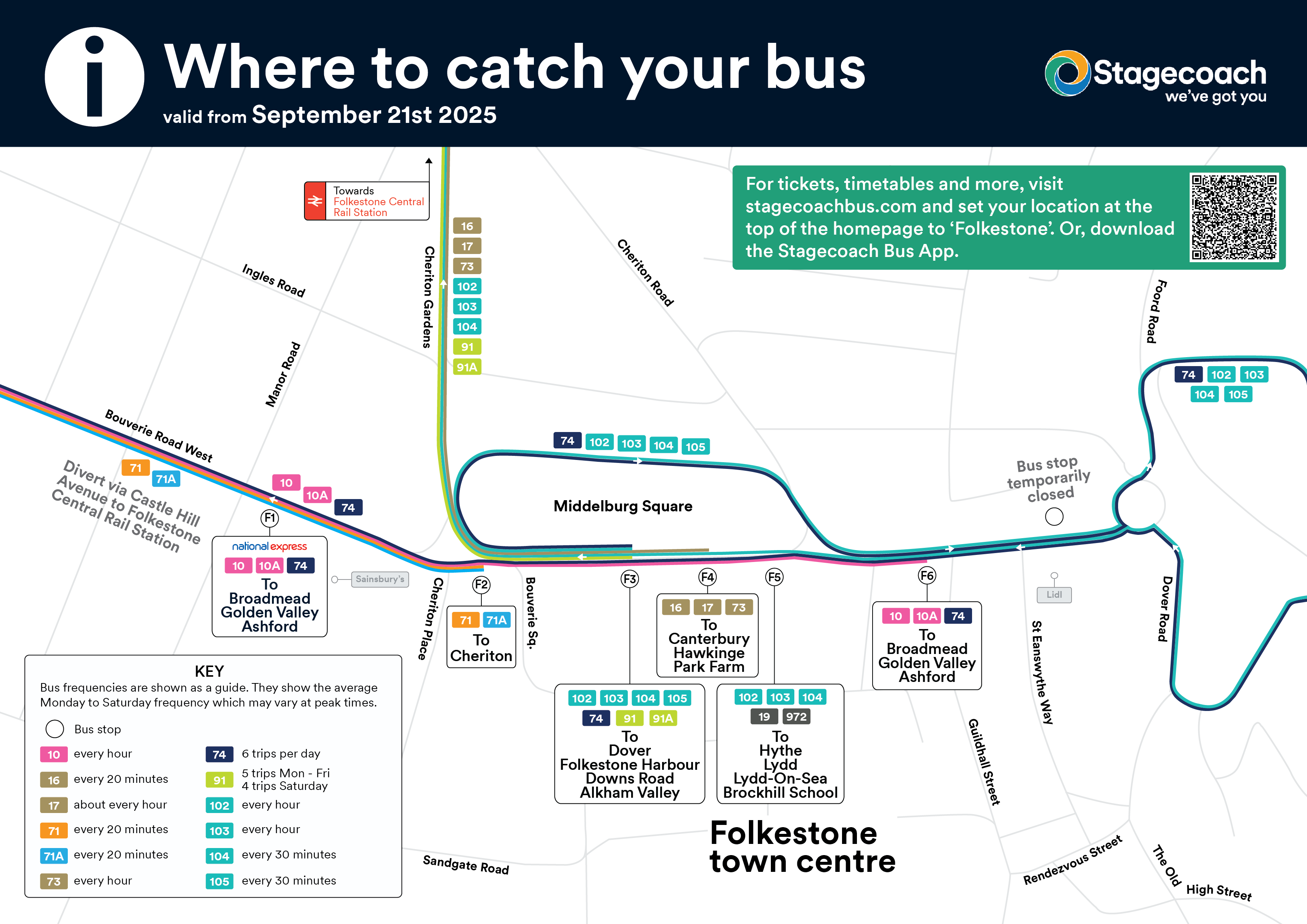 A map showing where to catch your bus around Folkestone bus station