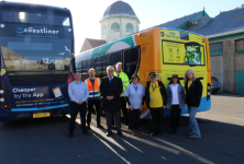 Stagecoach South Worthing depot team alongside Worthing Community Chest team, in front of the Worthing Community Chest bus rear