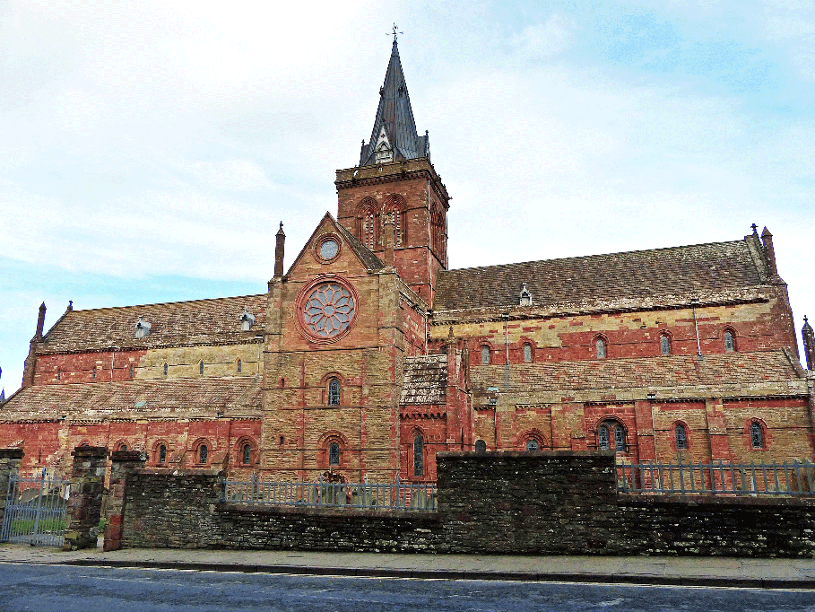 large red brick cathedral on orkney islands
