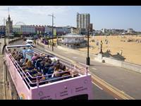 Thanet Open Top bus running along the Margate seafront - a great family day out over the summer and school holidays