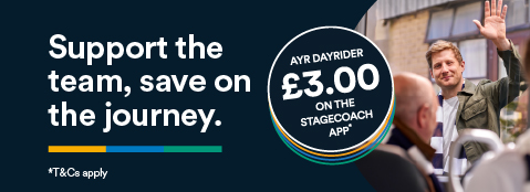Support the team, save on the journey. Season ticket holders save more on bus travel to Ayr United home games. Ayr DayRider £3 on the Stagecoach Bus App. Two men waving at each other with football scarfs