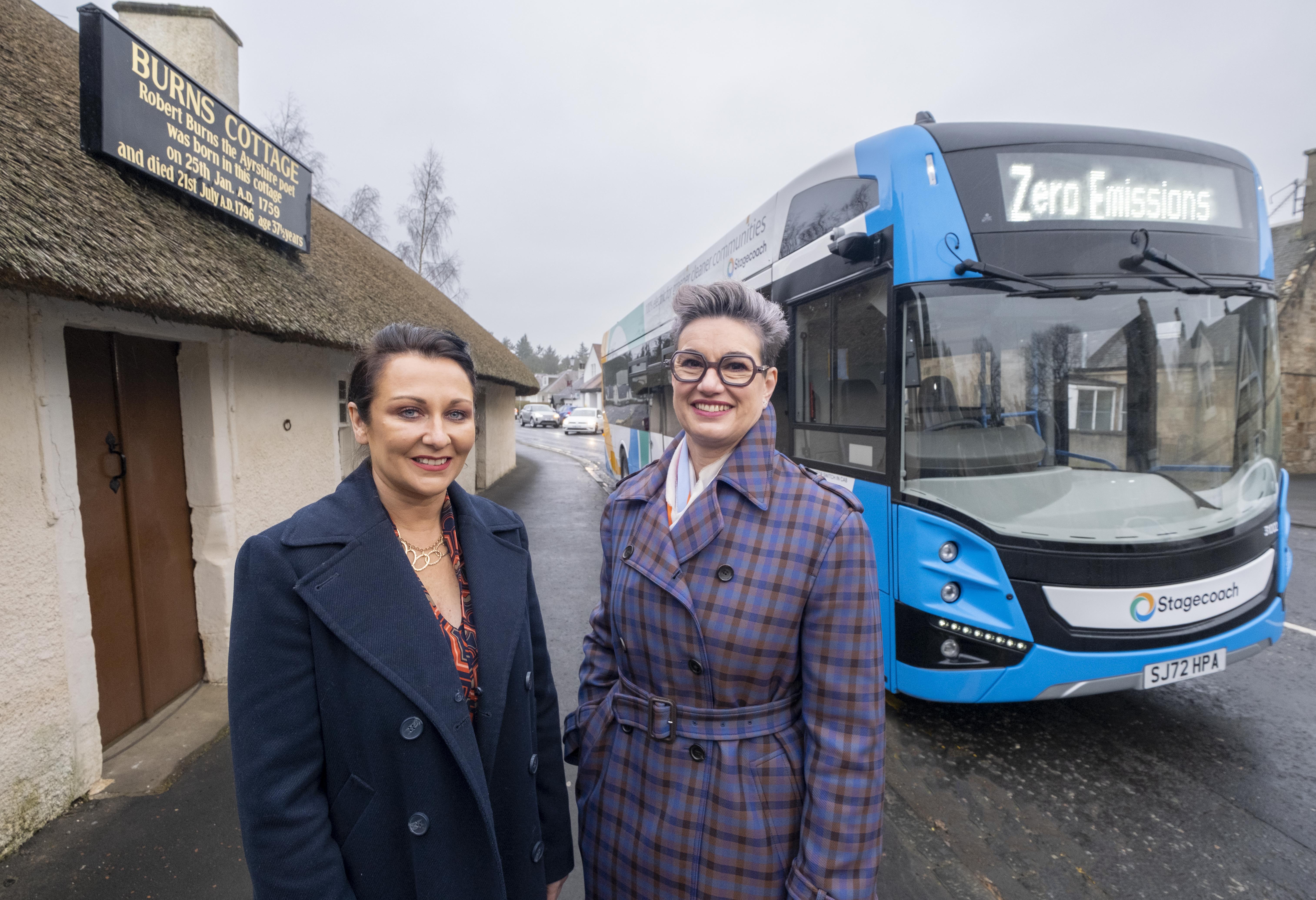 West Scotland Electric Bus Launch at Burns Cottage with Fiona Doherty, MD for Stagecoach West Scotland and Siobhian Brown, MSP for Ayr